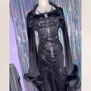 Long sleeve fluffy irregular rivet applique mini dress