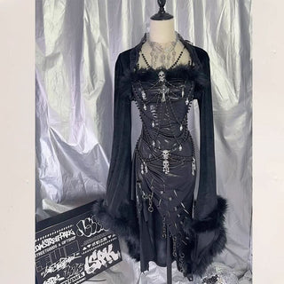 Long sleeve fluffy irregular rivet applique mini dress