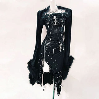 Long sleeve fluffy irregular rivet applique mini dress