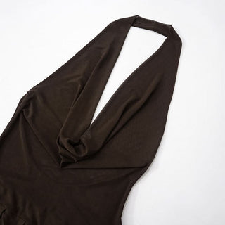 Halter cowl neck mesh pleated backless maxi dress