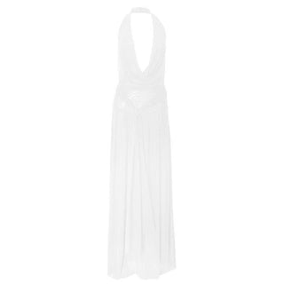 Halter cowl neck mesh pleated backless maxi dress
