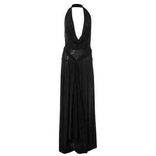 Halter cowl neck mesh pleated backless maxi dress