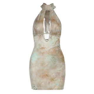 Halter self tie hollow out print beaded cut out mini dress