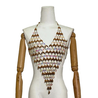 Halter v neck beaded hollow out backless cut out top