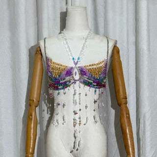 Halter beaded contrast hollow out cut out top