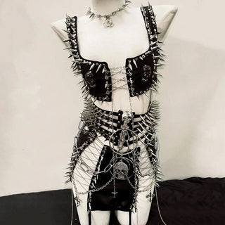 PU leather metal chain skull applique belt mini skirt set