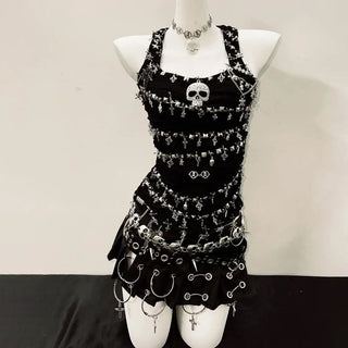 Skull applique PU leather tank mini skirt set