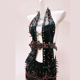 Halter hollow out rivet applique metal chain mini skirt set