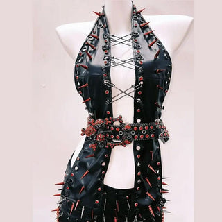 Halter hollow out rivet applique metal chain mini skirt set
