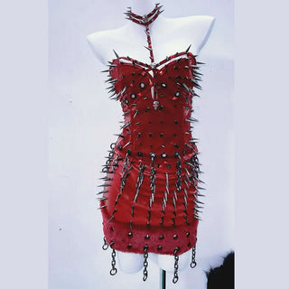 Hollow out rivet applique fluffy metal chain mini skirt set