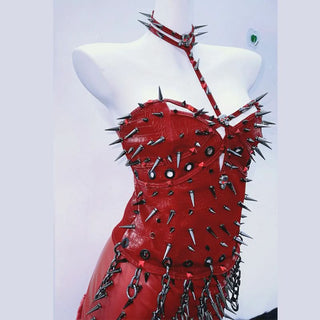 Hollow out rivet applique fluffy metal chain mini skirt set