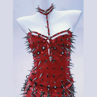 Hollow out rivet applique fluffy metal chain mini skirt set