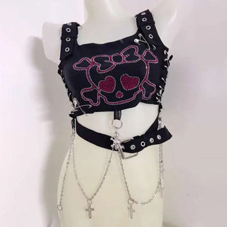 Square neck metal chain o ring skull pattern top