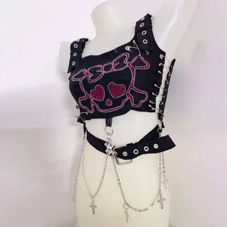 Square neck metal chain o ring skull pattern top