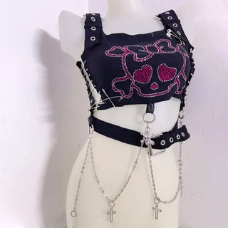 Square neck metal chain o ring skull pattern top