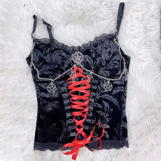 Lace hem metal chain lace up v neck cami top