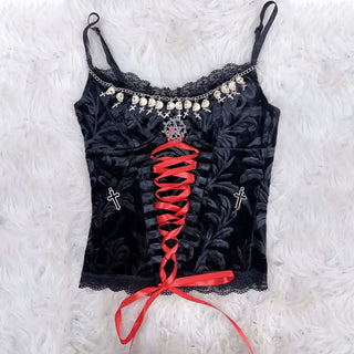 Lace hem metal chain lace up v neck cami top