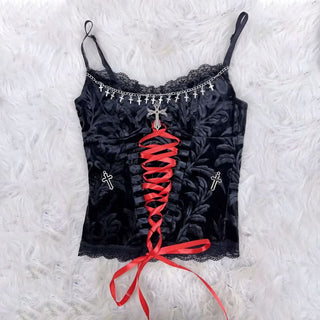 Lace hem metal chain lace up v neck cami top