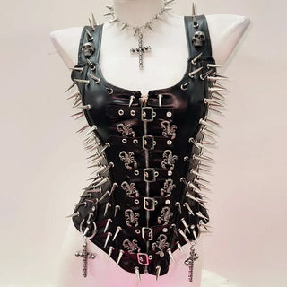 Zip-up u neck buckle skull applique tank top