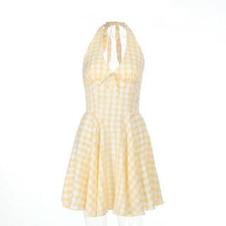 Halter v neck plaid backless mini dress