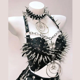 O ring rivet applique metal chain PU leather top