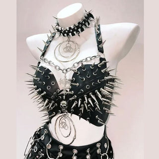 O ring rivet applique metal chain PU leather top