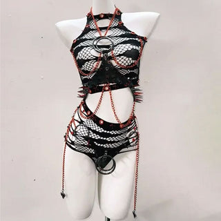 Hollow out o ring metal chain skull applique pant set