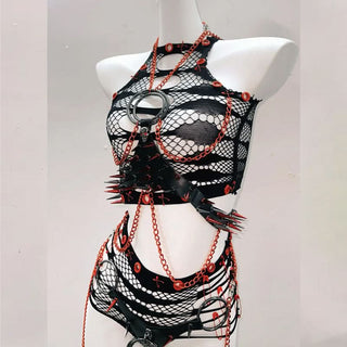 Hollow out o ring metal chain skull applique pant set