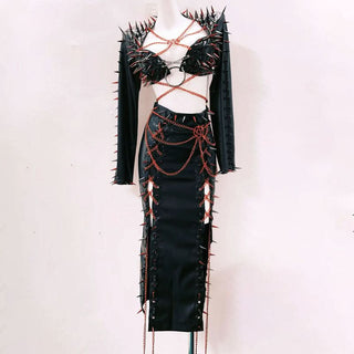 Long sleeve metal chain o ring rivet applique maxi skirt set