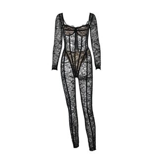 Long sleeve lace see through v neck zip-up jumpsuit