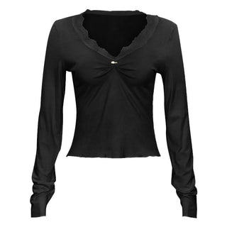 Lace hem long sleeve v neck ruched top
