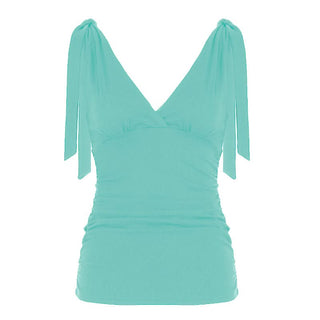 Ruched deep V neck solid self tie tank top