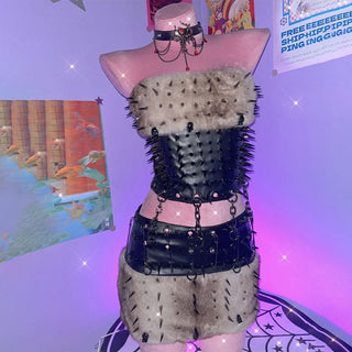 Fluffy metal chain rivet PU leather tube mini skirt set