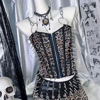 Leopard print rivet o ring button corset top