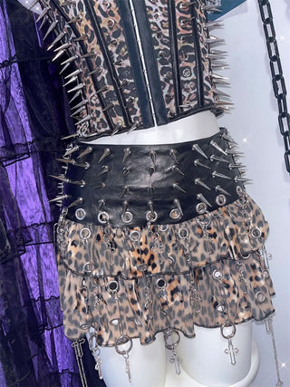 Leopard print rivet o ring button corset top