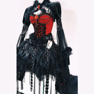 Long sleeve flower applique beaded fluffy mini skirt set