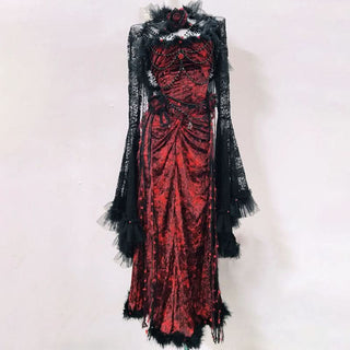 Ruched long sleeve flower applique beaded maxi dress