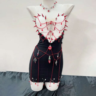 Sweetheart neck beaded rivet applique mini dress