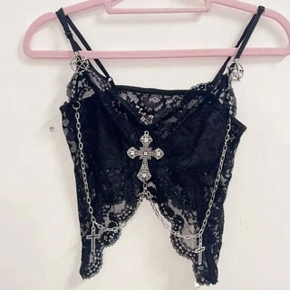 Lace metal chain cross applique v neck cami top