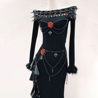 Long sleeve off shoulder irregular flower applique maxi dress