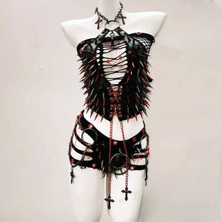 Hollow out o ring metal chain rivet applique pant set