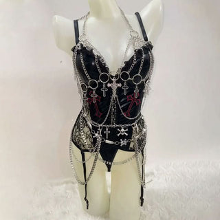 V neck metal chain o ring ruffle cami bodysuit