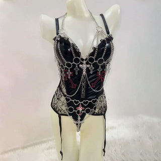 V neck metal chain o ring ruffle cami bodysuit