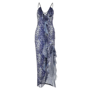 Leopard print hollow out irregular slit cami cut out maxi dress