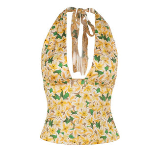 Halter self tie flower print backless top