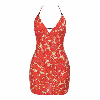 Self tie halter print v neck backless mini dress
