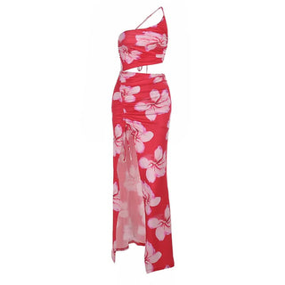 One shoulder ruched slit flower print maxi dress