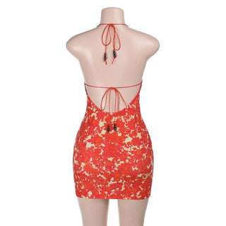 Self tie halter print v neck backless mini dress