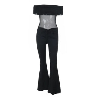 Off shoulder ruched mesh solid jumpsuit