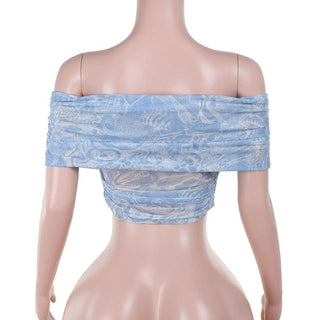 Off shoulder ruched print mesh tube top